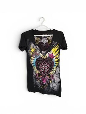 Black Graphic V-Neck Tee with Pink Heart and Yellow Wing Design